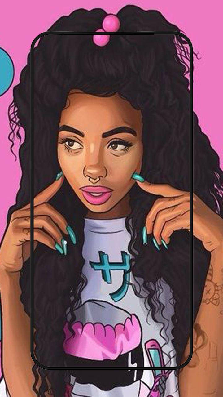 Black Girl 桌布 壁紙 — 一幅充滿活力的動漫風格插圖，描繪一位年輕女性，擁有捲曲頭髮和青綠色指甲，在粉紅色背景下的手機框架內擺姿勢。