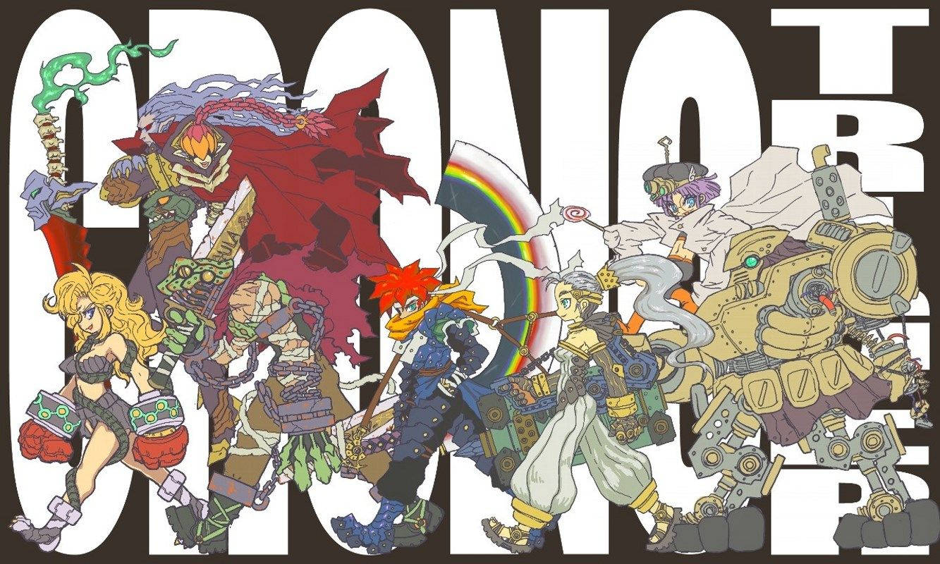 Chrono 桌布 壁紙 — 一幅充滿活力的動漫風格插圖，描繪了多個奇幻角色揮舞武器並騎乘機械野獸，背景為大膽的白色字母。
