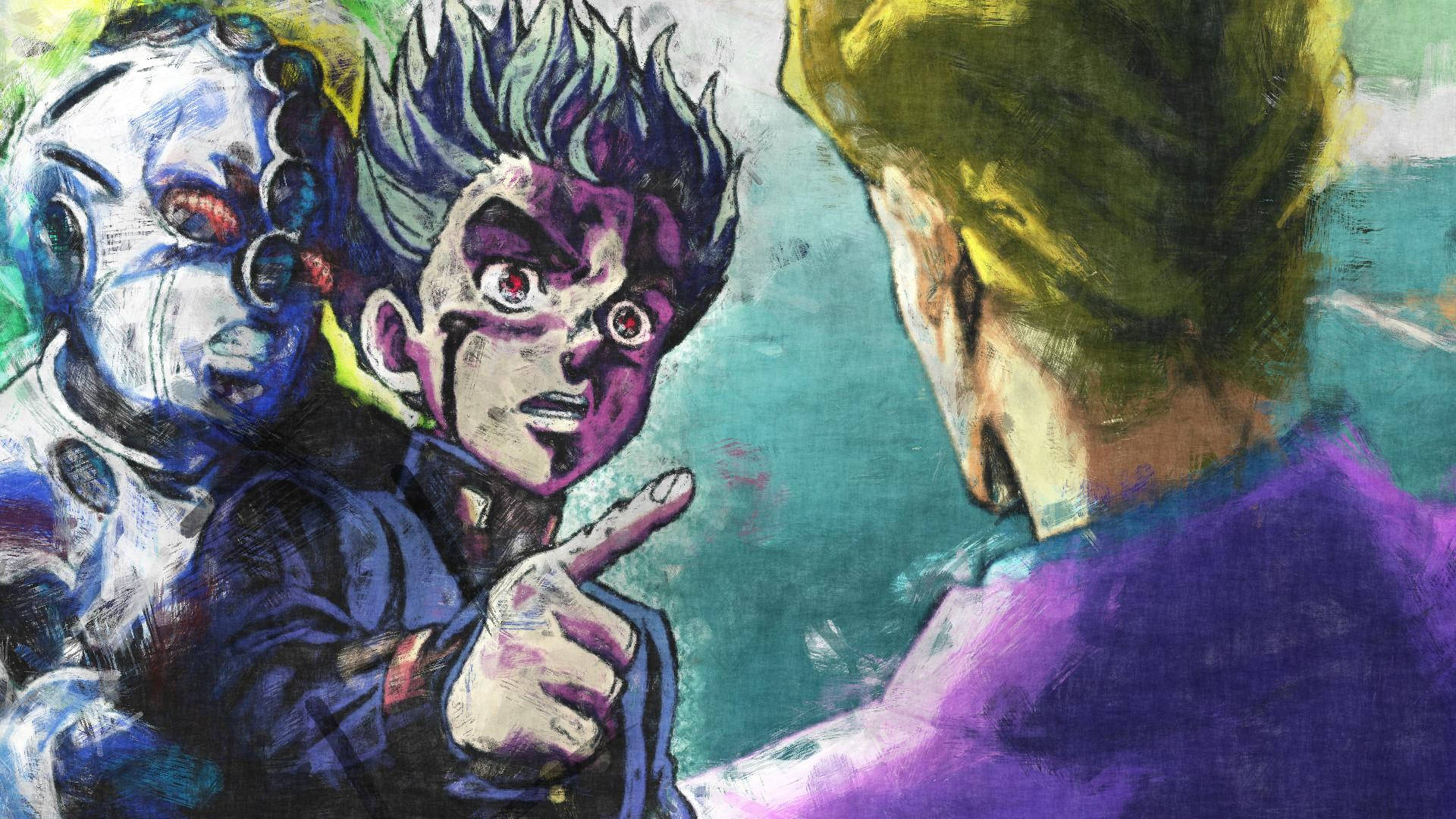 Jojo 桌布 壁紙 — 一幅充滿活力的動漫風格插圖顯示一個紫色臉的角色憤怒地指向另一個人，而一個戴面具的人物在觀看。