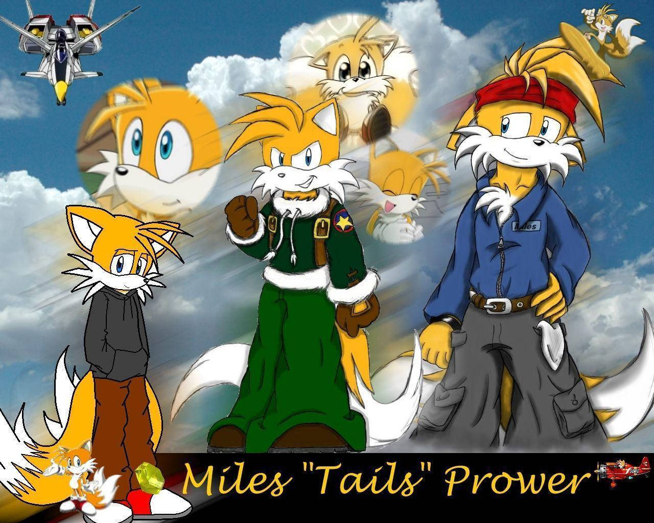 miles prower 桌布 壁紙 — 一幅充滿活力的動漫風格桌布，以多個版本的 Miles 'Tails' Prower 為特色，背景是雲層密佈的天空和一架飛行的噴射機。