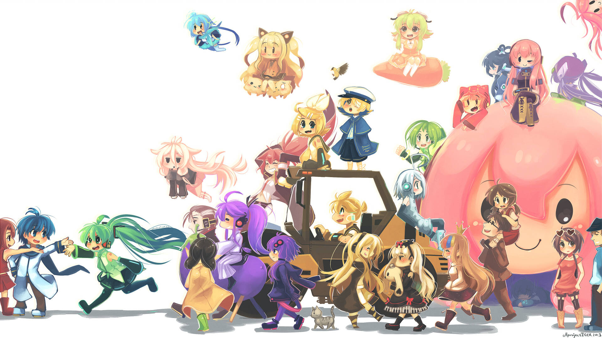 Vocaloid 桌布 壁紙 — 一幅充滿活力的動漫風格桌布，以純白色背景襯托數十個色彩繽紛的Q版角色，擺出動感姿勢。