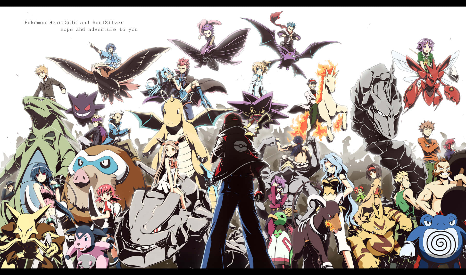 Pokemon Masters 桌布 壁紙 — 一幅充滿活力的動漫風格桌布，展示了《心金／魂銀》遊戲中的眾多寶可夢和訓練家，在岩石背景前擺出動感姿勢。