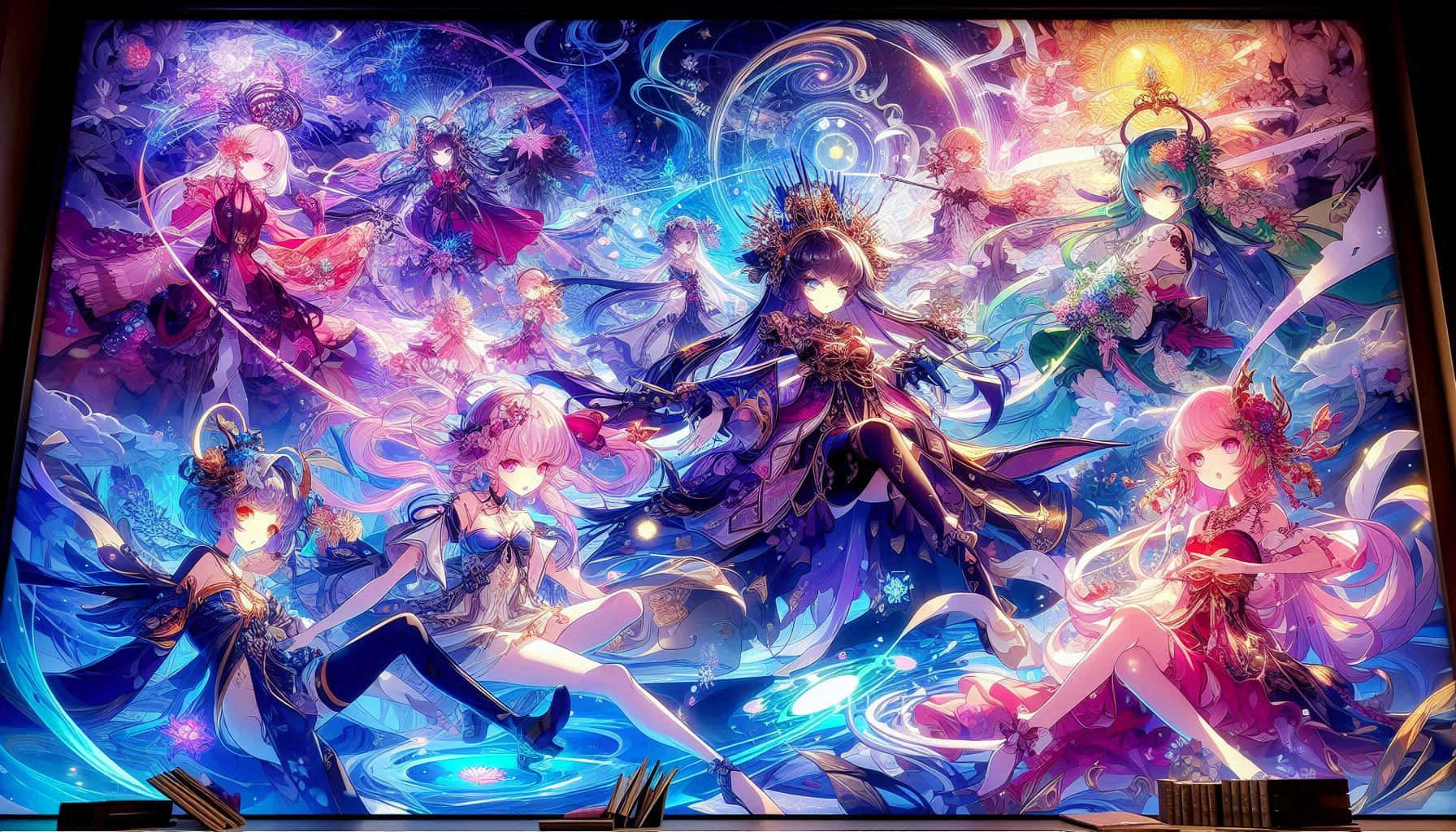 Anime art 壁紙 — 一幅充滿活力的動漫風格桌布，描繪多位奇幻女性角色在藍色、紫色和金色的漩渦宇宙背景前擺出動態姿勢。
