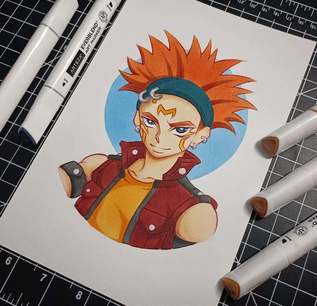 Crow Hogan 桌布 壁紙 — 一幅充滿活力的動漫風格畫作，描繪了一個擁有橙色刺蝟頭和藍色頭帶的角色，周圍散落著美術記號筆，背景是網格墊。