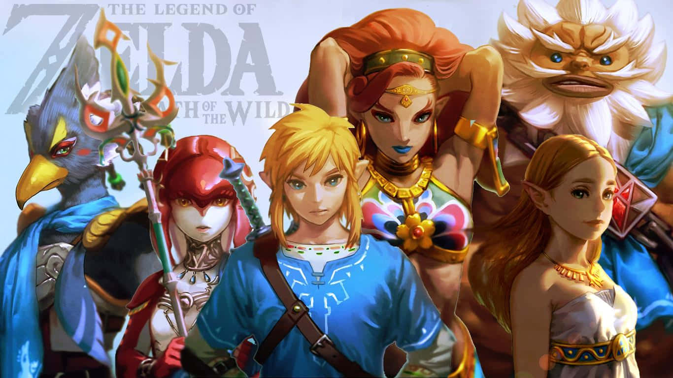 The Legend Of Zelda Mipha 桌布 壁紙 — 一幅充滿活力的動漫風格群像，描繪了薩爾達傳說遊戲角色，包括林克和薩爾達，與盟友站在一起。