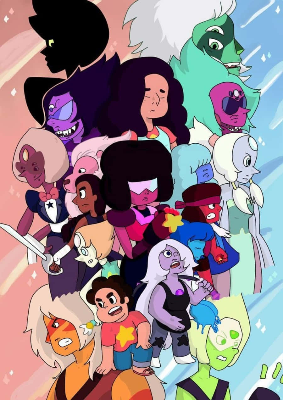 Steven Universe iPad 桌布 壁紙 — 一幅充滿活力的動漫風格群像，描繪了多樣色彩繽紛的寶石角色，表情豐富，姿態動感。