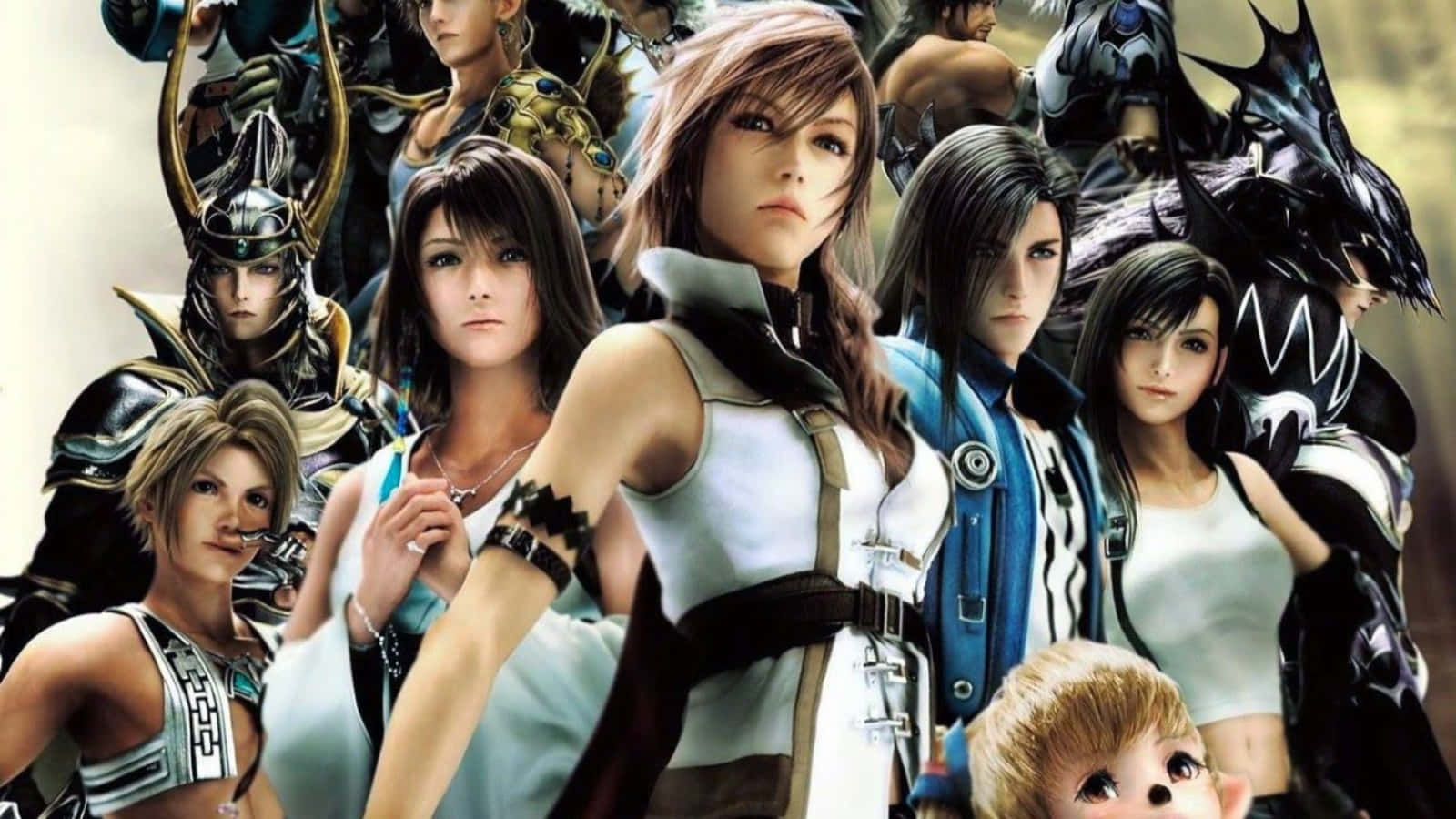 Final Fantasy Characters 桌布 壁紙 — 一幅充滿活力的動漫風格群像，描繪了多種奇幻角色穿著精緻服裝一起擺姿勢。