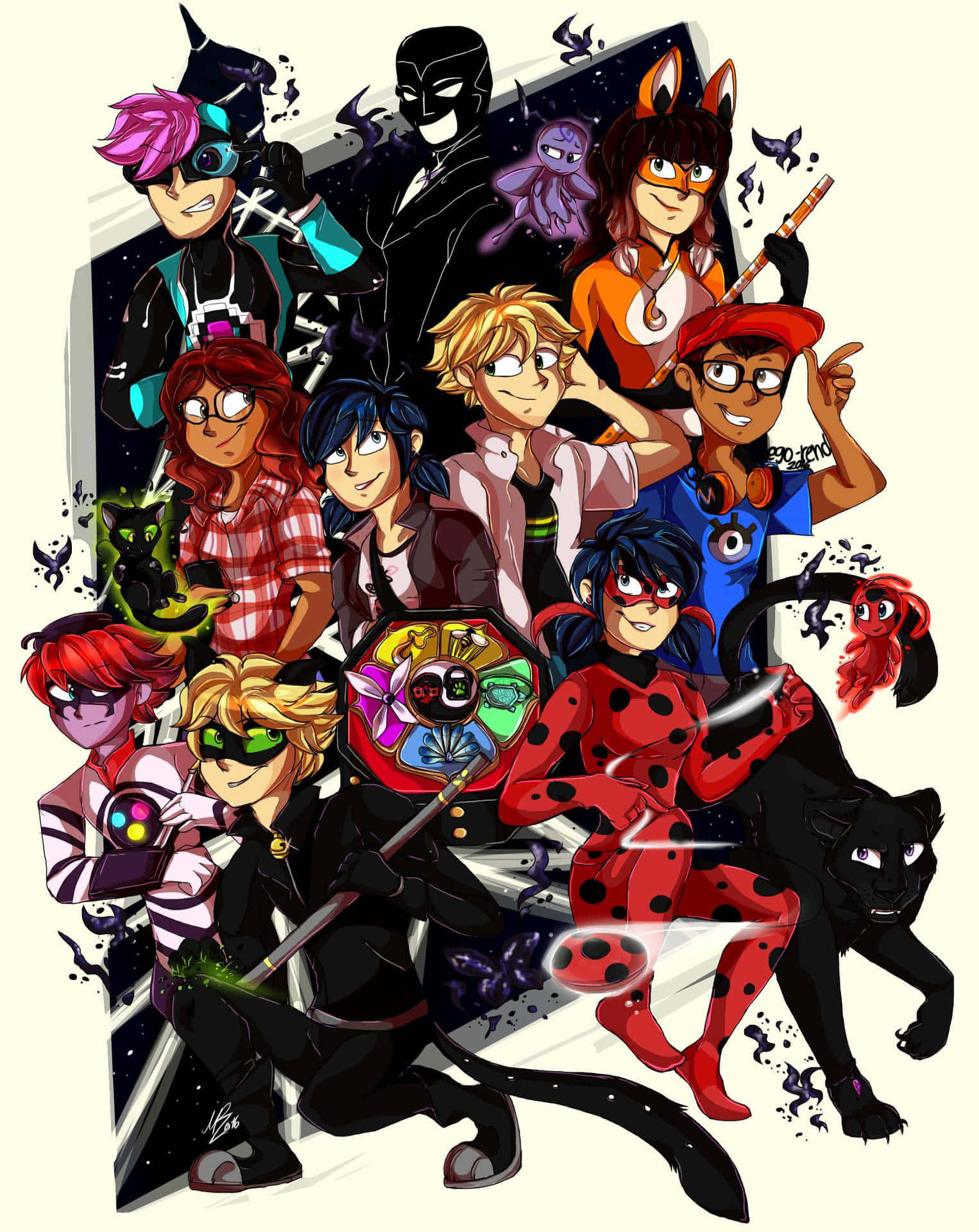 Miraculous 桌布 壁紙 — 一幅充滿活力的動漫風格群像，描繪 Miraculous Ladybug 和朋友們擺出動感超級英雄姿勢，帶有發光效果。
