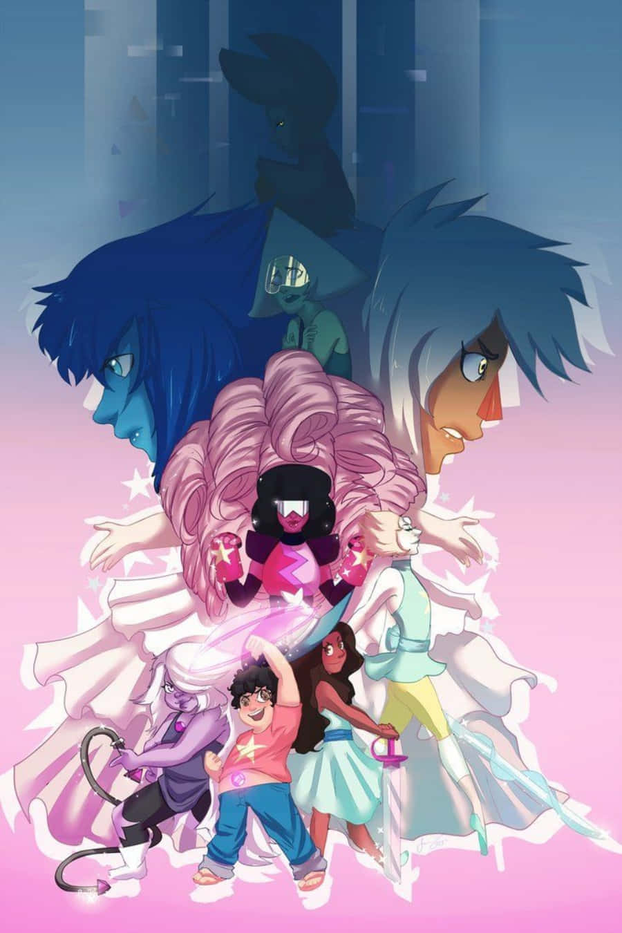 Steven Universe iPad 桌布 壁紙 — 一幅充滿活力的動漫風格群像，描繪了多樣化的角色，在漸變背景上帶有發光的粉紅色和藍色點綴。