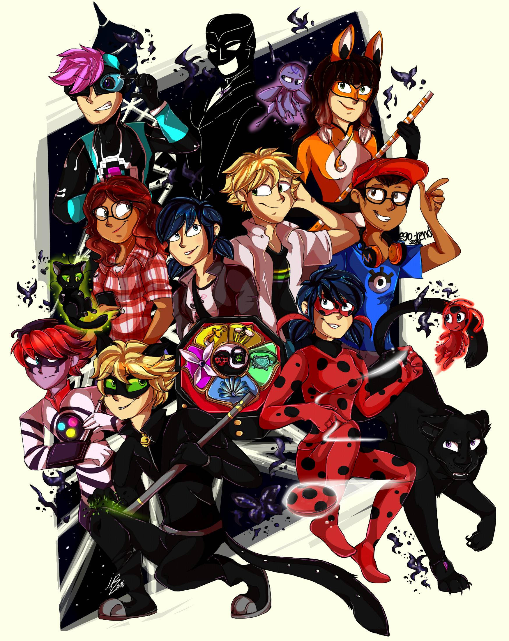 瓢蟲少女 桌布 壁紙 — 一幅充滿活力的動漫風格群像，描繪了 Miraculous Ladybug 和朋友們以動態超級英雄姿勢擺拍，帶有發光效果。