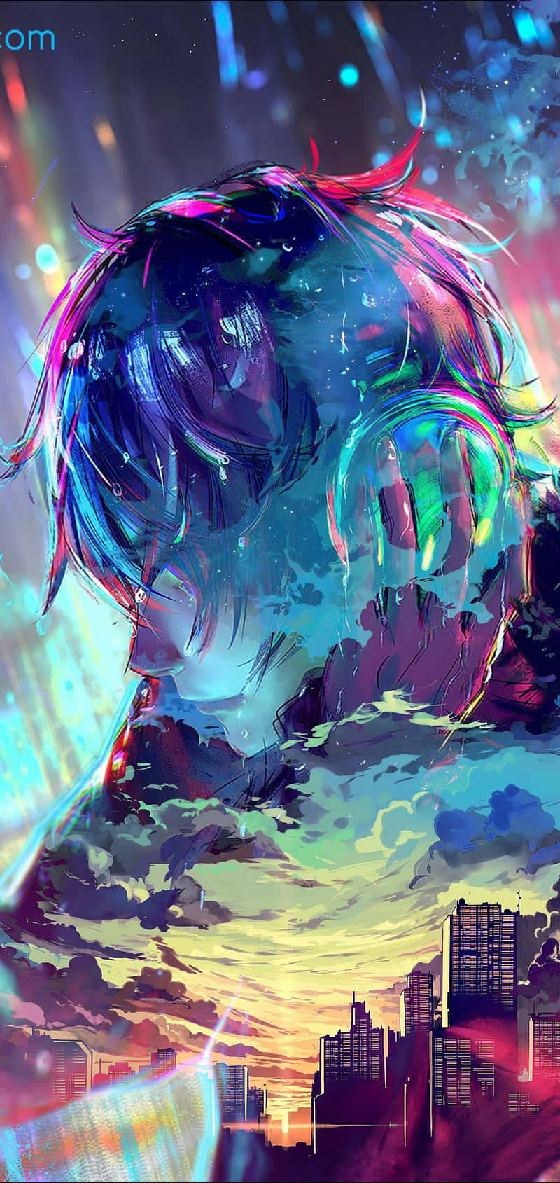 Sad Vibes 桌布 壁紙 — 一幅充滿活力的動漫風格肖像，人物在夕陽下的霓虹城市景觀中擁有發光的頭髮。