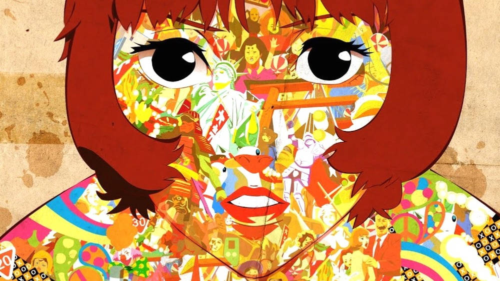 satoshi kon 桌布 壁紙 — 一幅充滿活力的動漫風格肖像，女孩的臉上佈滿了色彩繽紛的流行文化圖標和符號。