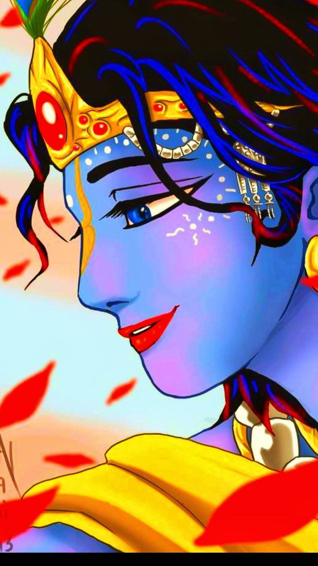 藝術 桌布 壁紙 — 一幅充滿活力的動漫風格肖像，描繪一位藍皮膚的神祇，飄逸的深色頭髮上飾有金色王冠，周圍環繞著旋轉的紅色花瓣。