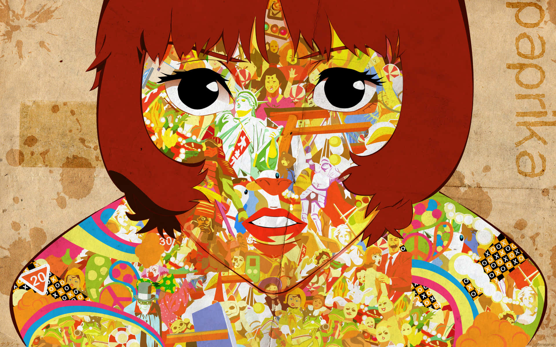 Japanese Culture 桌布 壁紙 — 一幅充滿活力的動漫風格肖像，描繪一位紅髮女孩，她的臉是由色彩繽紛的流行文化圖標和符號拼貼而成。