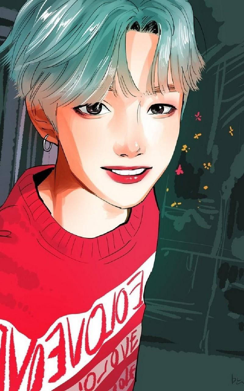 Bts Suga Aesthetic 桌布 壁紙 — 一幅充滿活力的動漫風格肖像，描繪一位年輕人有著青綠色頭髮和紅色毛衣，在黑暗的城市背景下溫柔微笑。