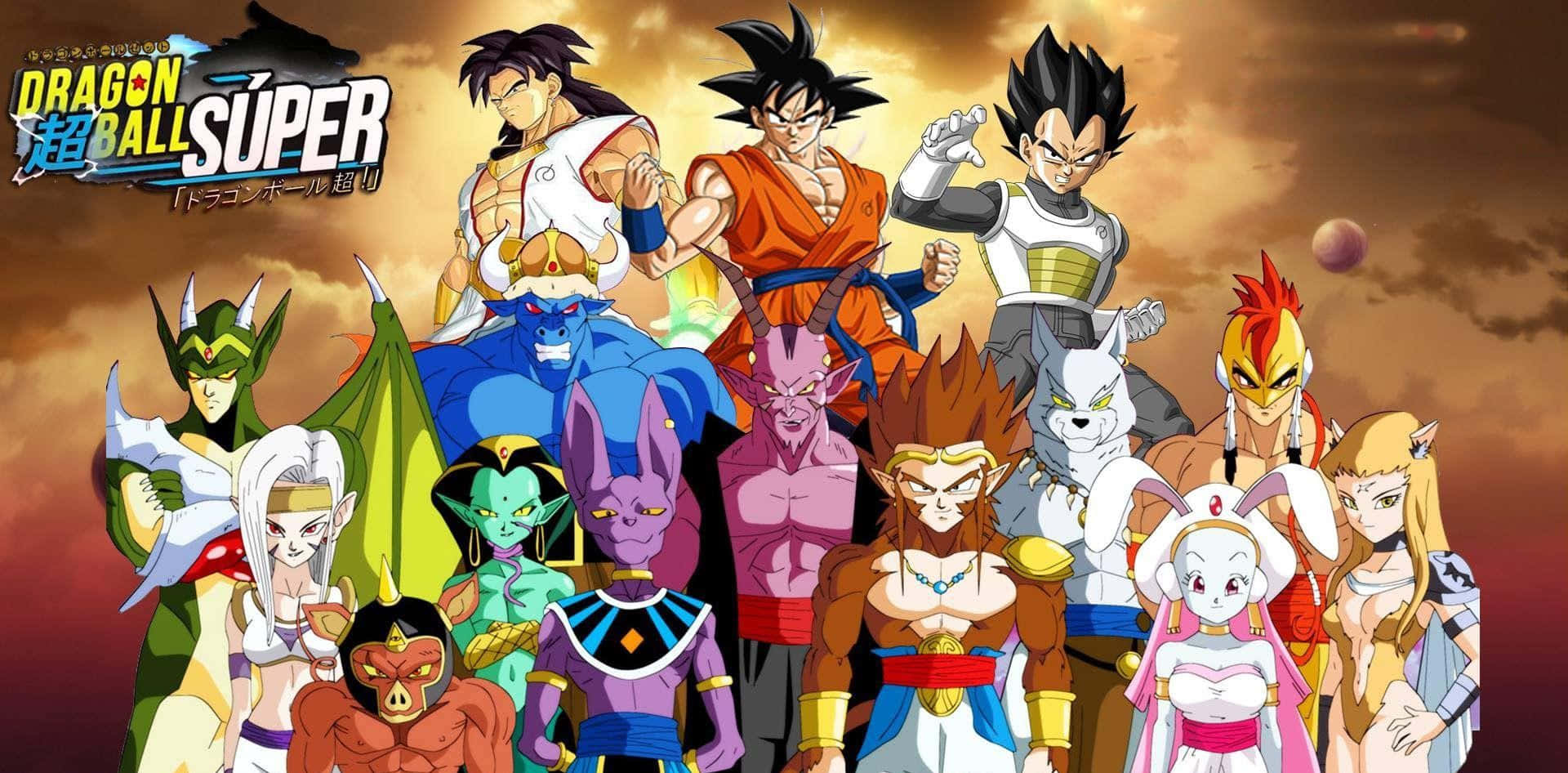 Dragon Ball Super Universe 6 桌布 壁紙 — 一幅充滿活力的動畫團體照，七龍珠超角色在熾熱的日落天空下英勇地擺出姿勢。