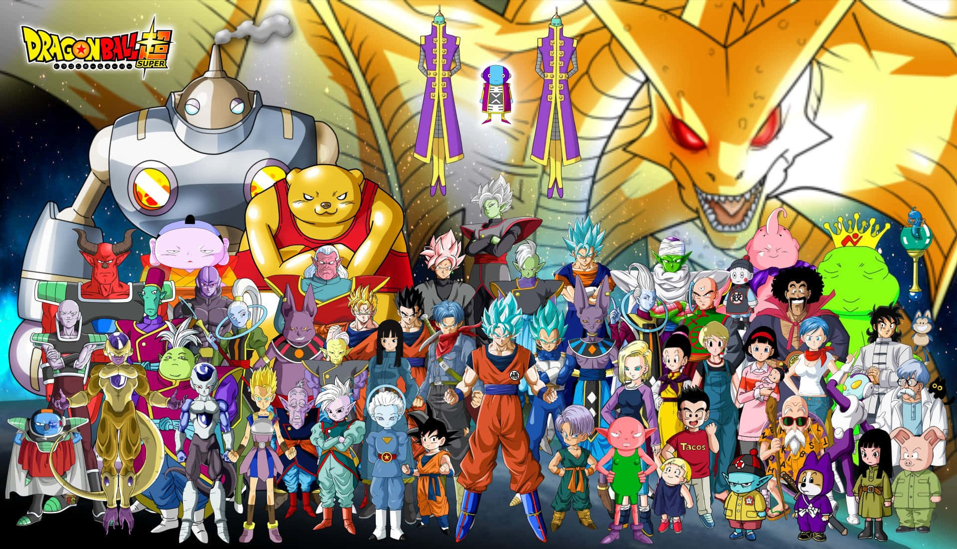 Dragon Ball Super Universe 6 桌布 壁紙 — 一幅充滿活力的動畫團體照，七龍珠超角色在宇宙背景下英勇地擺姿勢，身後有一條巨大的金色龍。