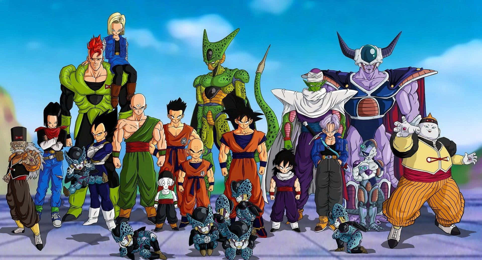Dragon Ball Z Kai 桌布 壁紙 — 一幅充滿活力的動畫團體照，七龍珠角色在明亮的藍天下英勇地擺出姿勢。