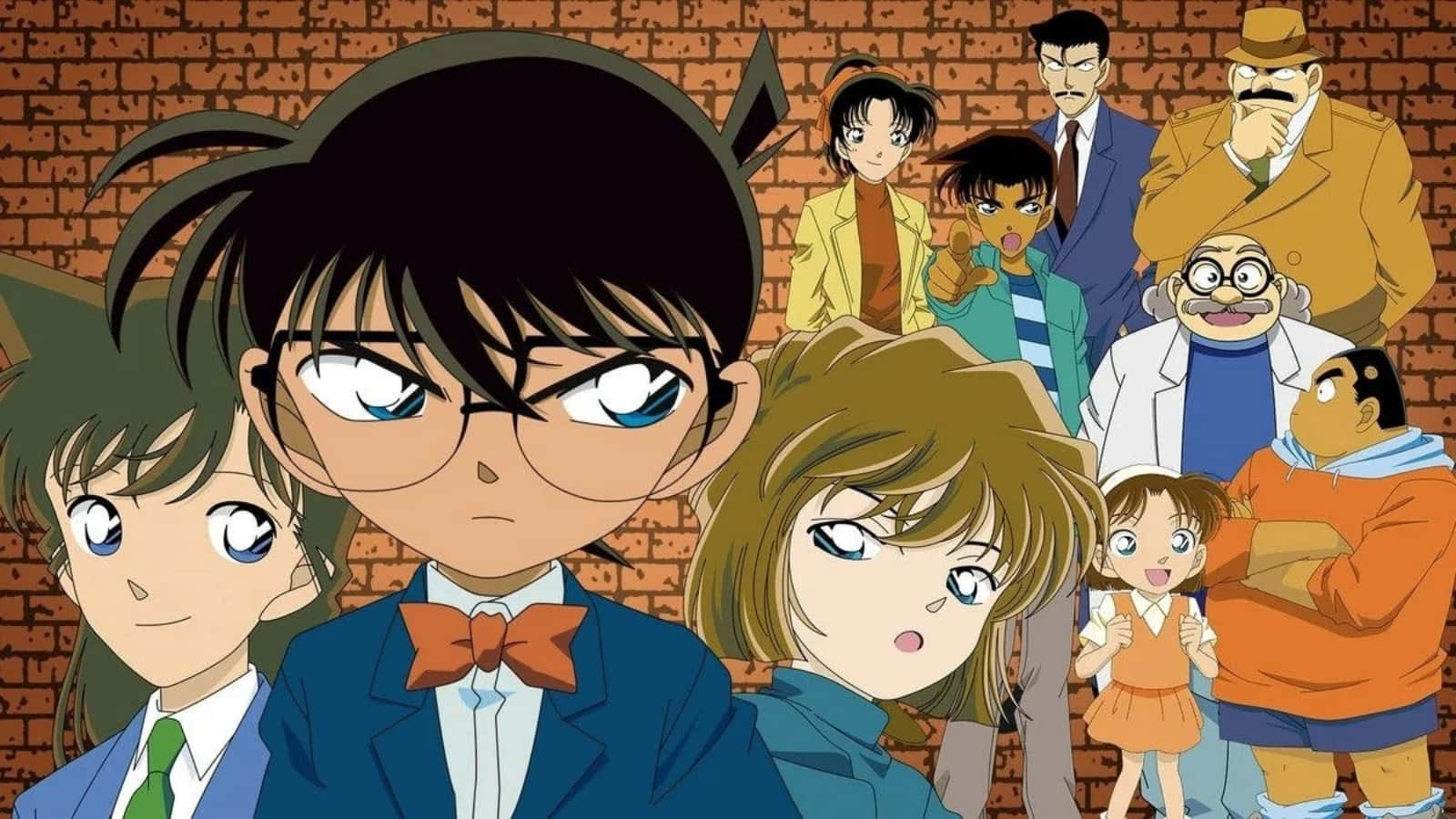 Detective Conan 桌布 壁紙 — 一幅充滿活力的動畫團體肖像， featuring 柯南和他的朋友們以磚牆為背景。