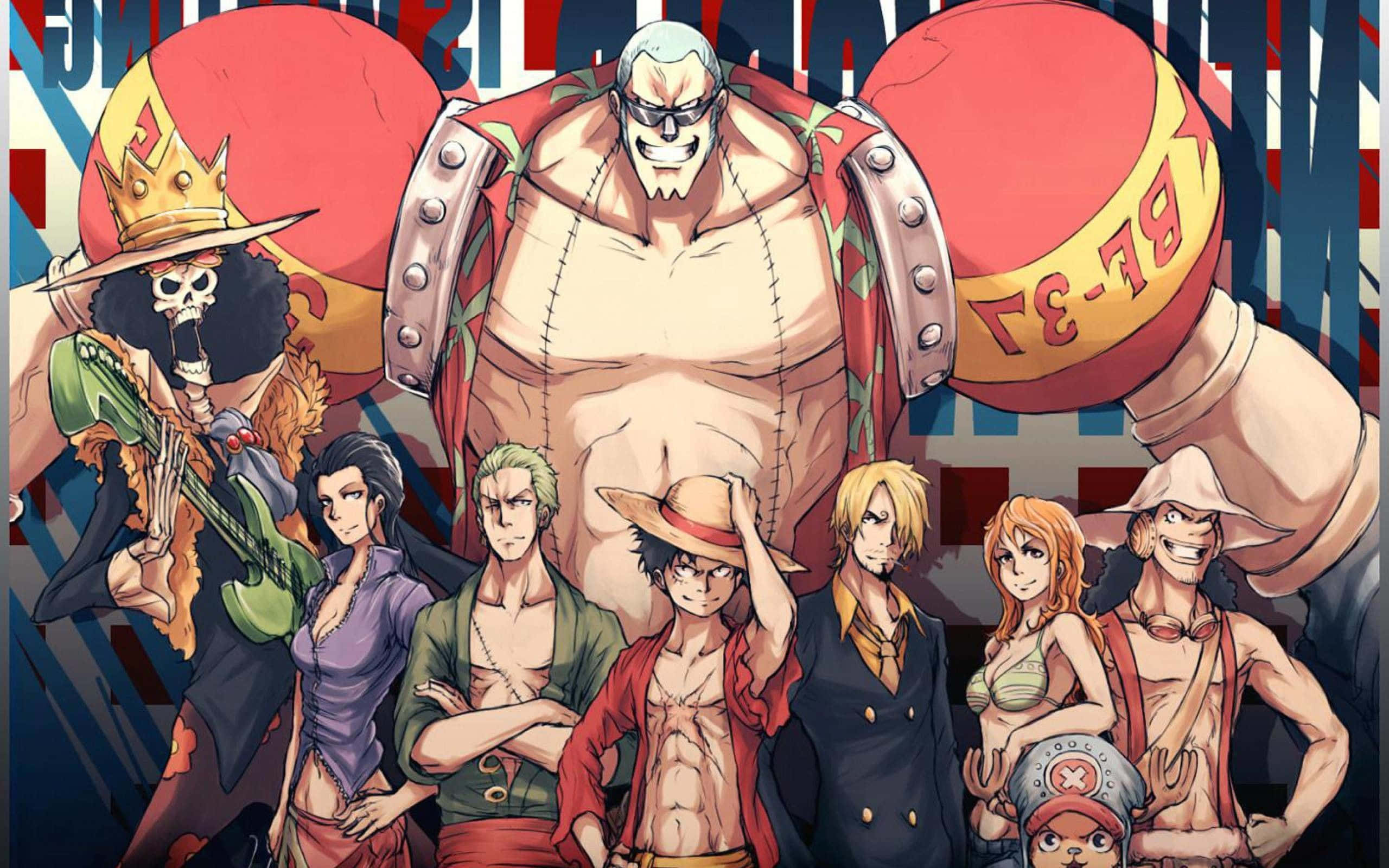 One Piece Cool 桌布 壁紙 — 一幅充滿活力的動畫團體肖像， featuring 一個擁有機械手臂的巨型海盜和一個骷髏臉的音樂家，背景是鮮明的條紋。