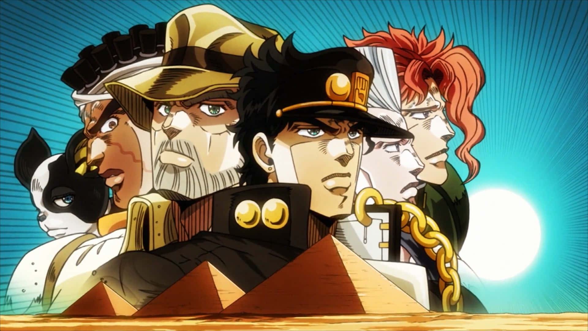 Stardust Crusaders 桌布 壁紙 — 一幅充滿活力的動畫團體肖像，描繪了五個堅定的角色，帶有粗線條和鮮豔的藍色放射背景。