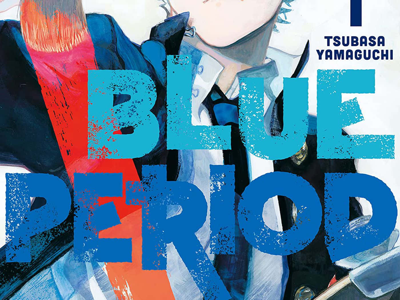 Blue Period 桌布 壁紙 — 一幅充滿活力的動畫封面藝術，描繪一位身穿藍色外套的年輕藝術家，帶有醒目的紅色和藍色筆觸點綴以及大型紋理字體。