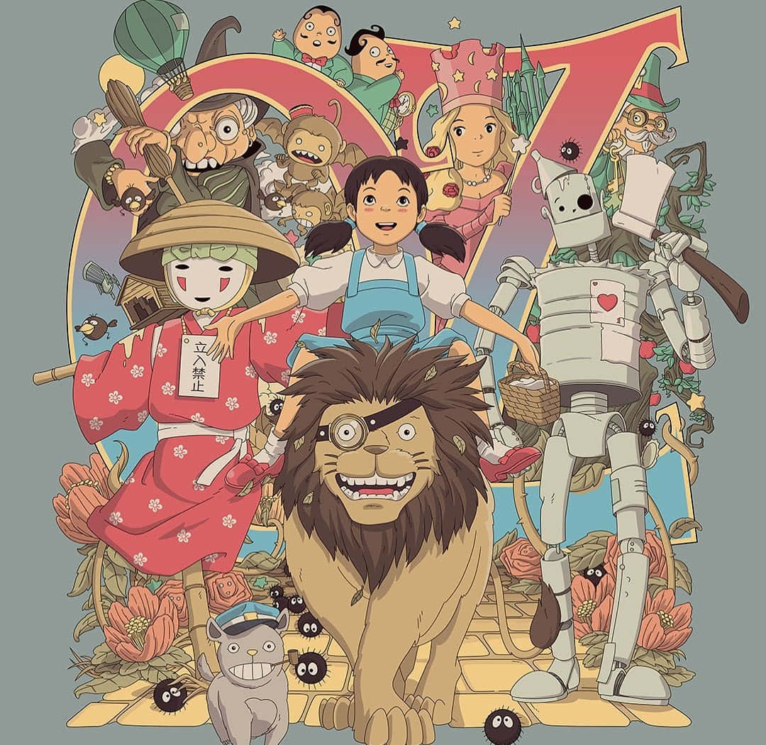 Studio Ghibli Art 桌布 壁紙 — 一幅充滿活力的動畫拼貼畫， featuring Studio Ghibli 角色如 Totoro、戴單片眼鏡的獅子和錫人，周圍環繞著花朵和奇幻生物。