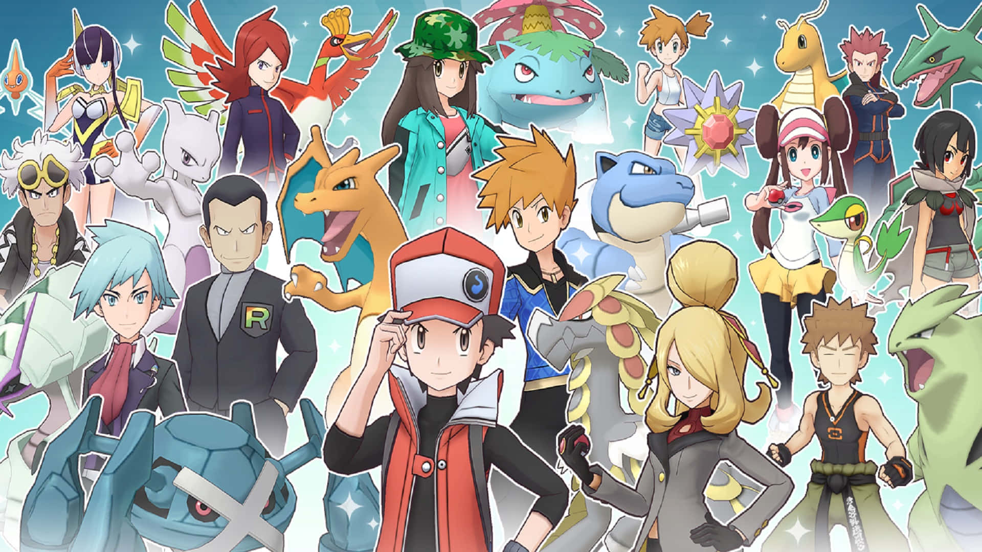 Pokemon Masters 桌布 壁紙 — 一幅充滿活力的動畫拼貼畫，以閃爍的藍色背景為襯托，展示標誌性的寶可夢角色和訓練家。