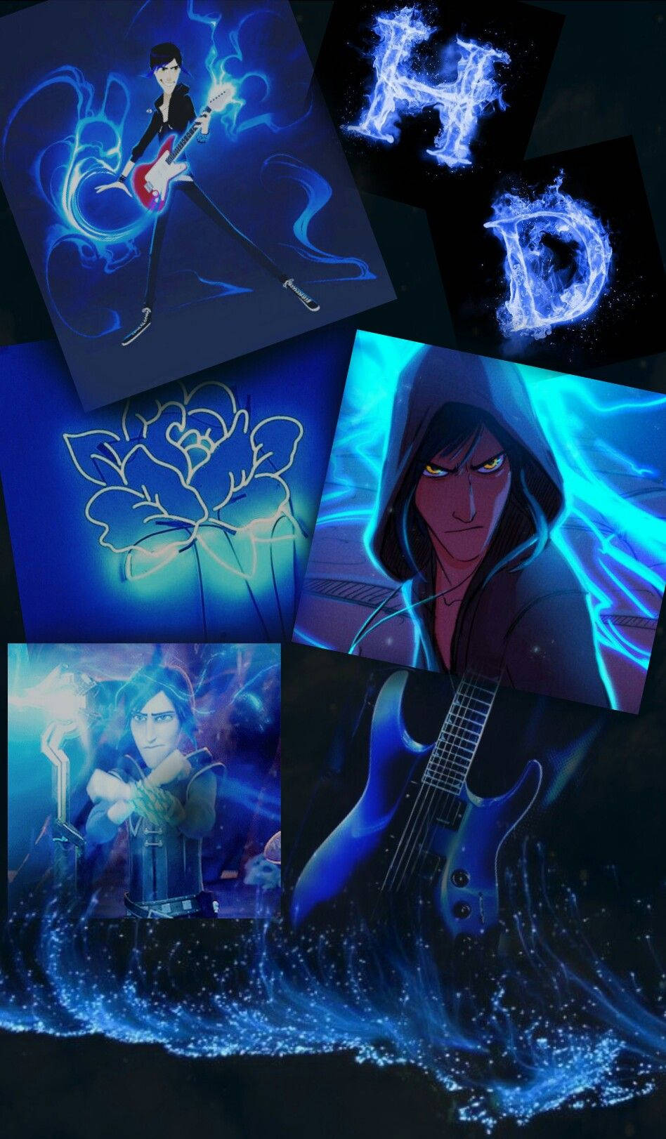 trollhunters tales of arcadia 桌布 壁紙 — 一幅充滿活力的動畫拼貼畫，以電吉他手和發光藍色能量圖案為特色，背景為深色。