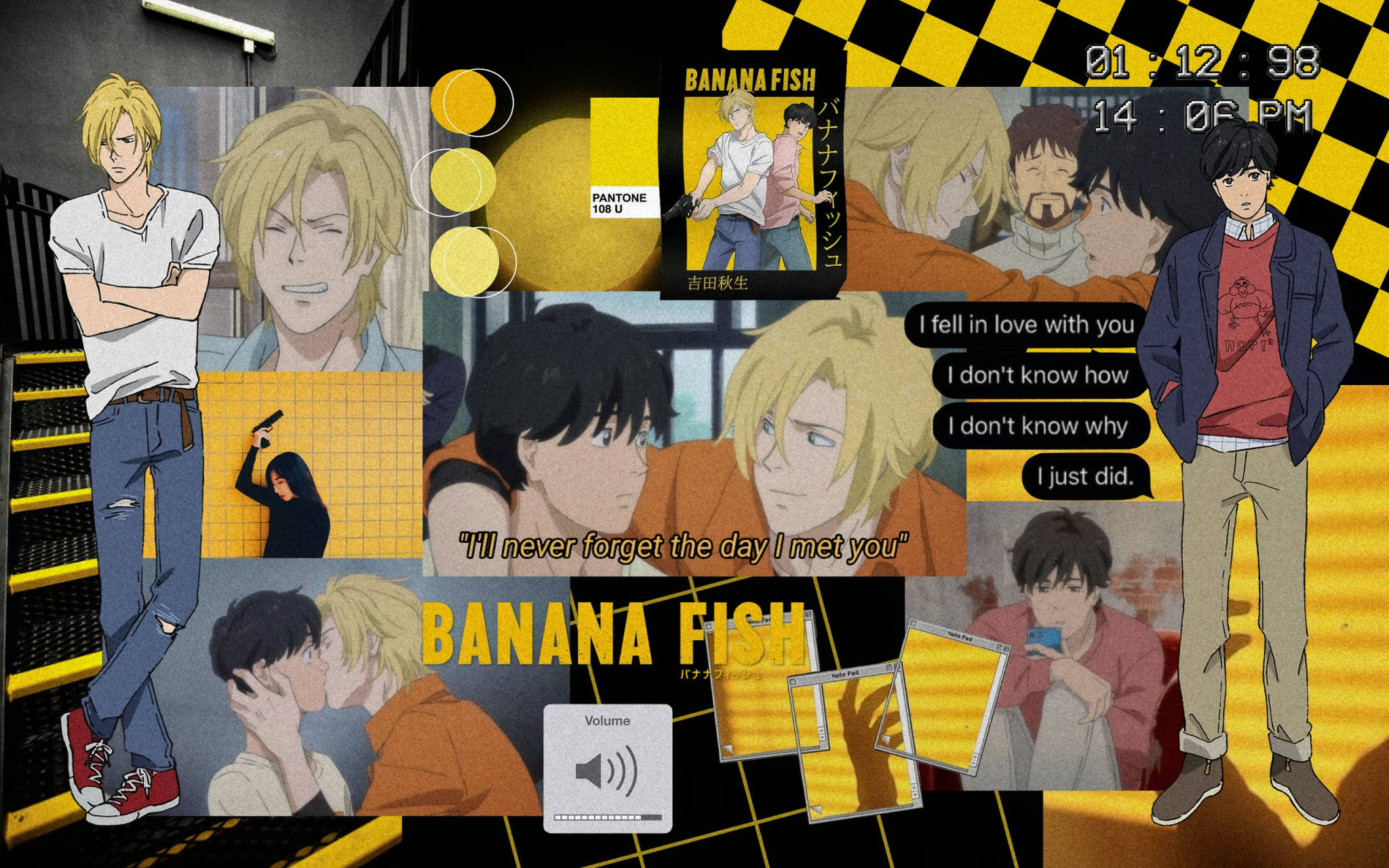 Banana Fish 桌布 壁紙 — 一幅充滿活力的動畫拼貼畫，以香蕉魚角色為主題，搭配黃色格紋背景、語錄和Pantone色票。