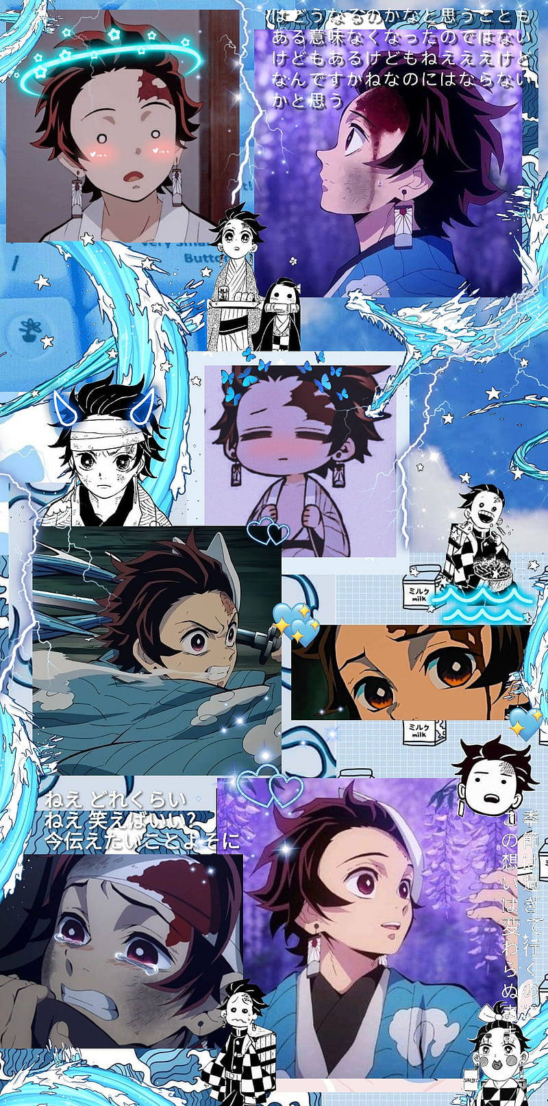 動漫男孩 桌布 壁紙 — 一幅充滿活力的動畫拼貼畫，包含多個表情豐富的男性角色肖像，深色頭髮，藍色水效果在他周圍旋轉。