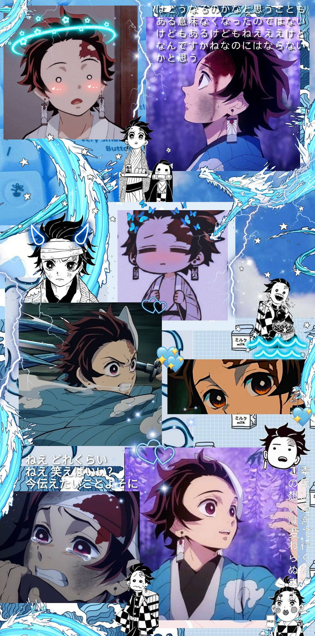 Demon Slayer Aesthetic 桌布 壁紙 — 一幅充滿活力的動畫拼貼畫，包含多個表情豐富的年輕男性角色肖像，角色有深色頭髮和紅色標記，周圍環繞著動態的藍色水效果和日語文字氣泡。