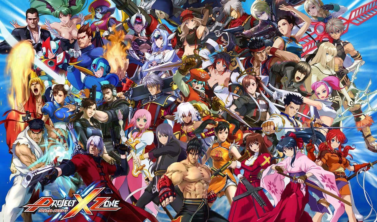 All-in-one 桌布 壁紙 — 一幅充滿活力的動畫拼貼畫，展示《Project X Zone》中多位戰士在明亮的藍色背景前動感擺姿勢。