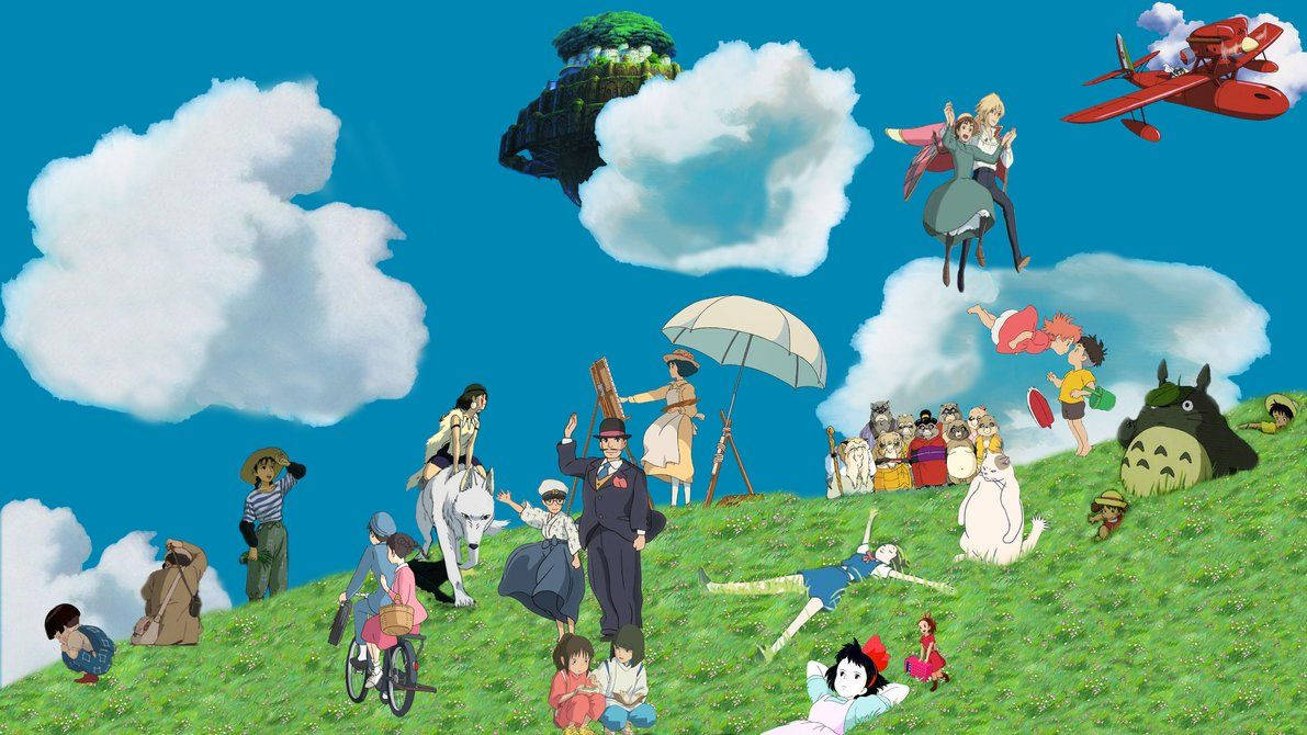 吉卜力 桌布 壁紙 — 一幅充滿活力的動畫拼貼畫，描繪了吉卜力工作室電影中深受喜愛的角色，散落在青翠的山丘上，藍天白雲。