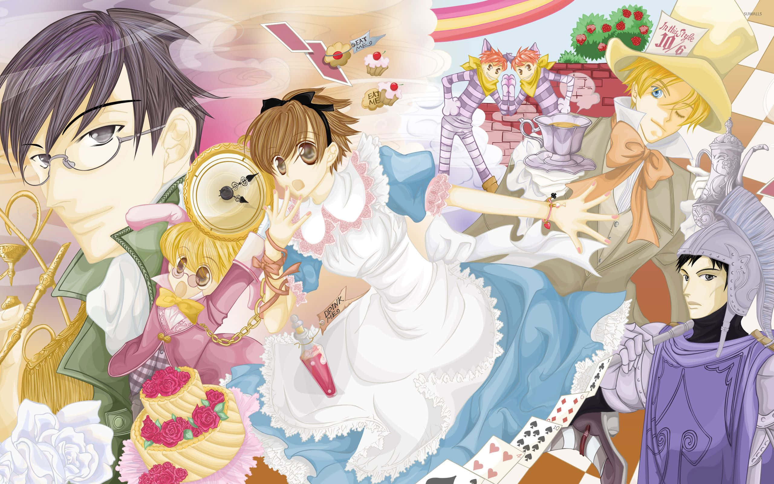 haruhi fujioka 桌布 壁紙 — 一幅充滿活力的動畫拼貼畫，描繪了不同角色在奇特的茶會場景中，有蛋糕、撲克牌和漂浮的糖果。