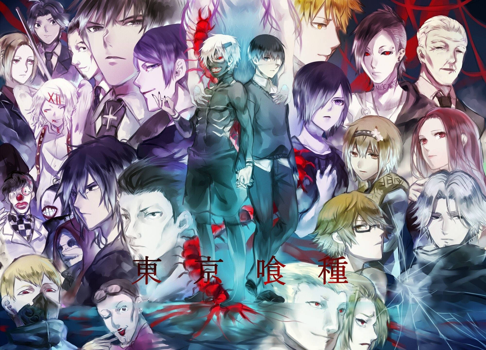 東京喰種角色 桌布 壁紙 — 一幅充滿活力的動畫拼貼畫，描繪了《東京喰種》中多樣的角色，具有戲劇性的燈光和強烈的表情。