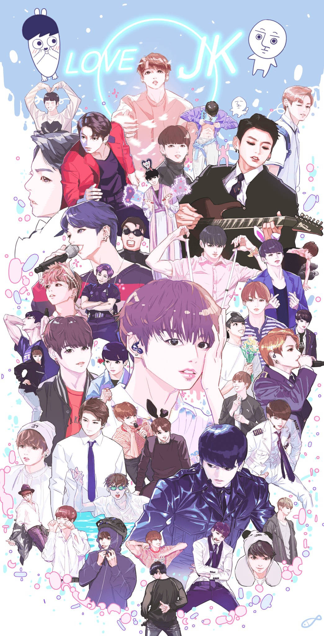 Bts Aesthetic 桌布 壁紙 — 一幅充滿活力的動畫拼貼畫，描繪了K-pop偶像在發光的「LOVE JK」霓虹燈牌下擺出各種姿勢和穿著不同的服裝。