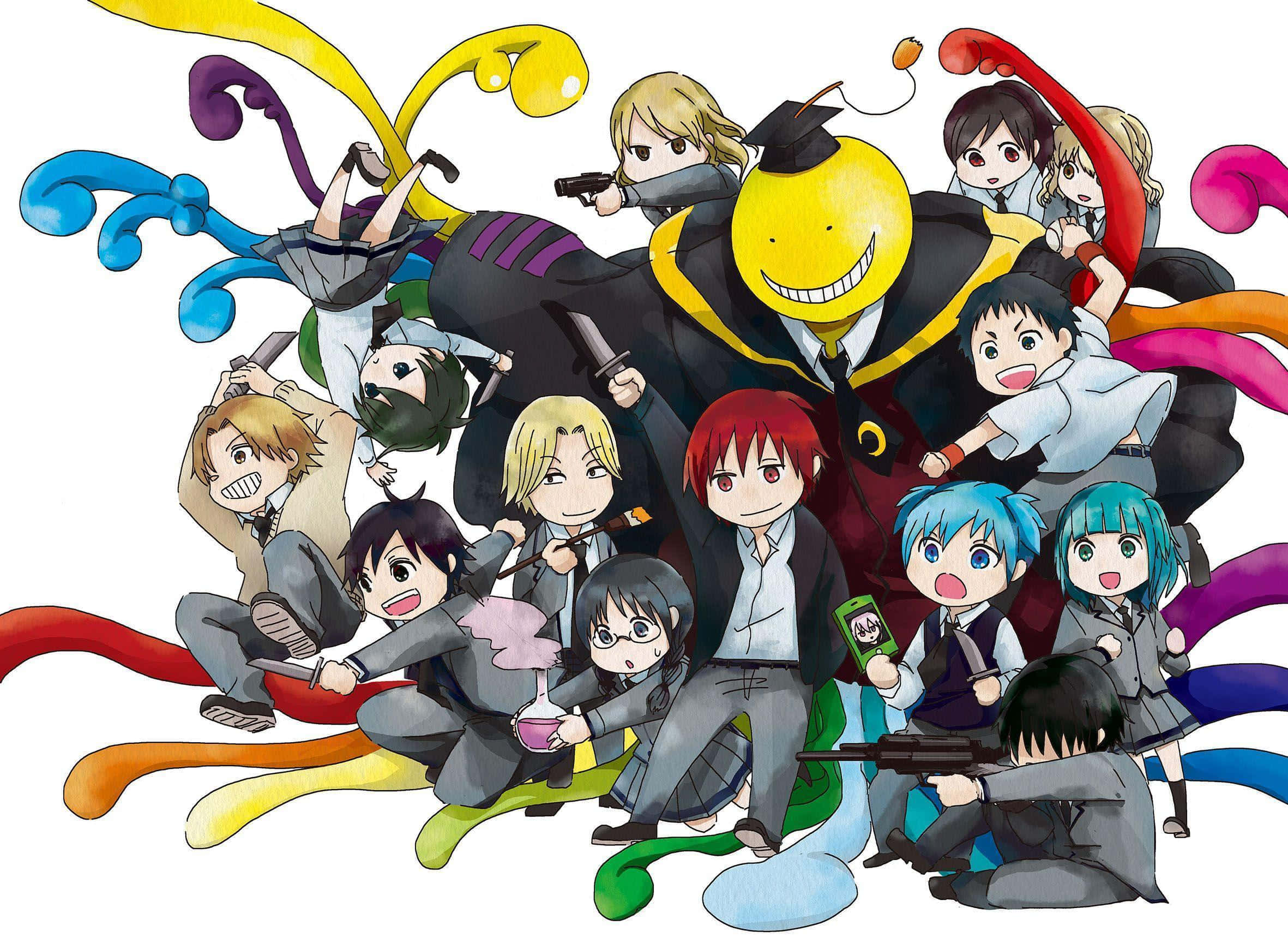 Assassination Classroom 桌布 壁紙 — 一幅充滿活力的動畫插圖，描繪《暗殺教室》的角色們，配以色彩繽紛的旋轉絲帶和富有表現力的姿勢。