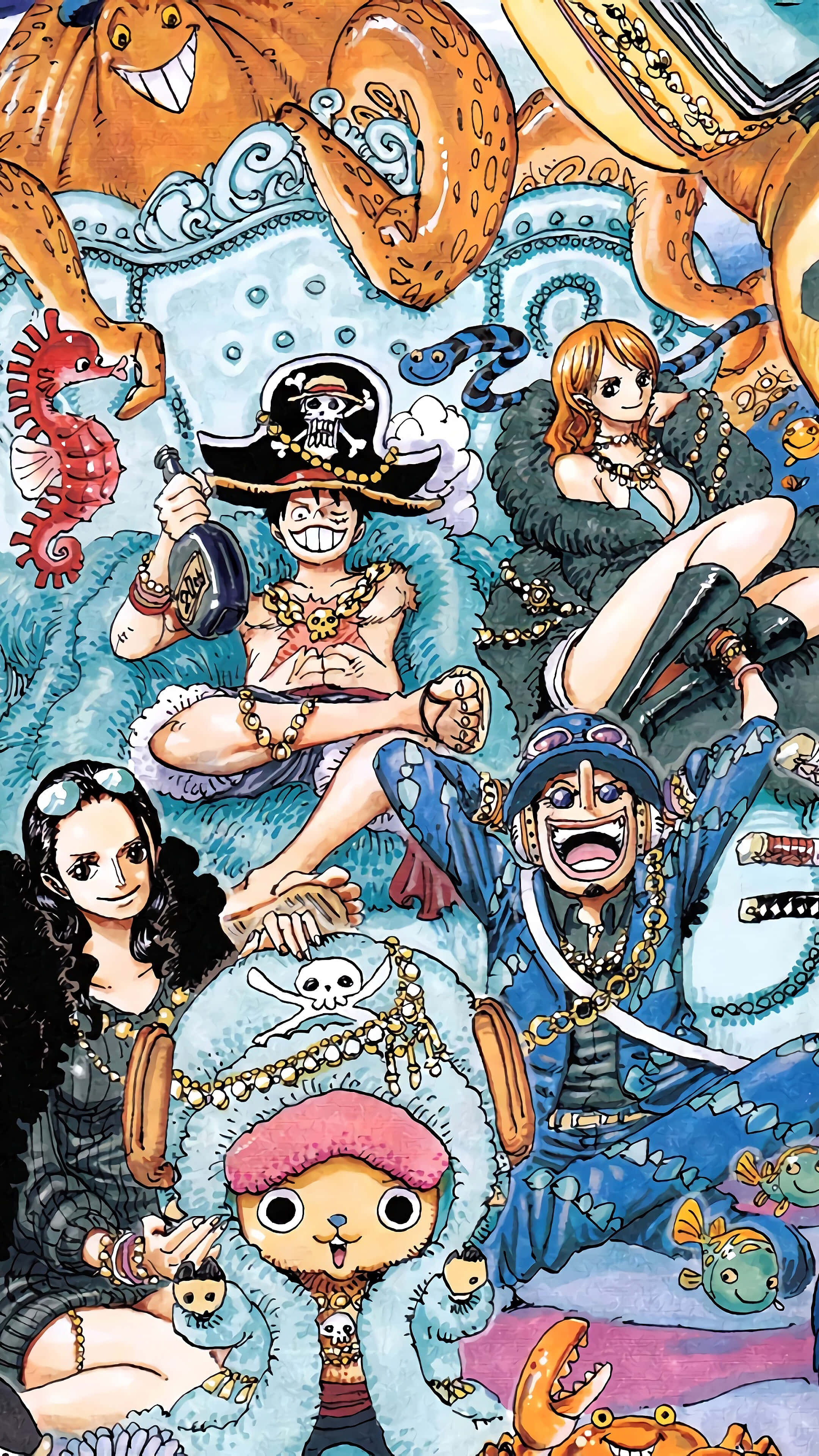 海賊王 桌布 壁紙 — 一幅充滿活力的動畫插圖，描繪《航海王》船員們在一隻巨型章魚上放鬆，周圍有海洋生物。