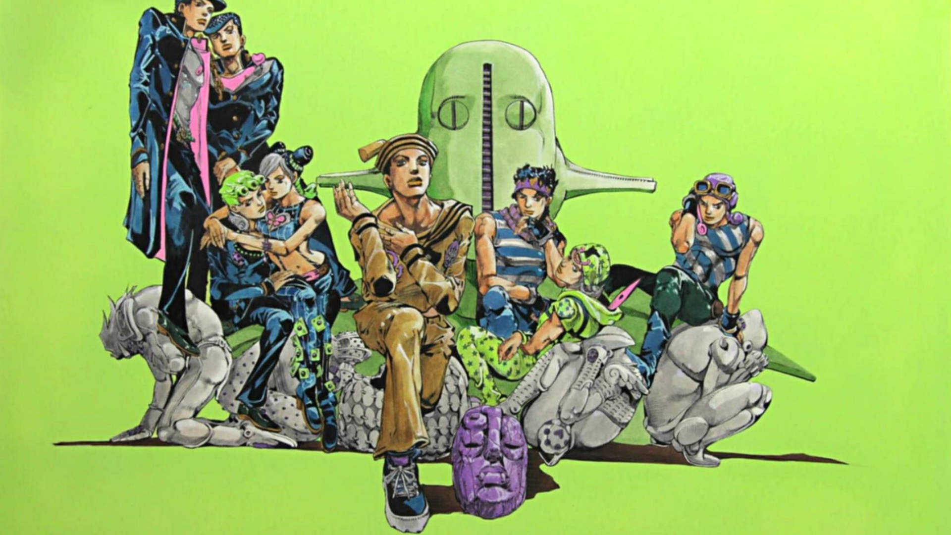 Johnny Joestar 桌布 壁紙 — 一幅充滿活力的動畫插圖，描繪JoJo的奇妙冒險角色在明亮的綠色背景前與石像擺姿勢。