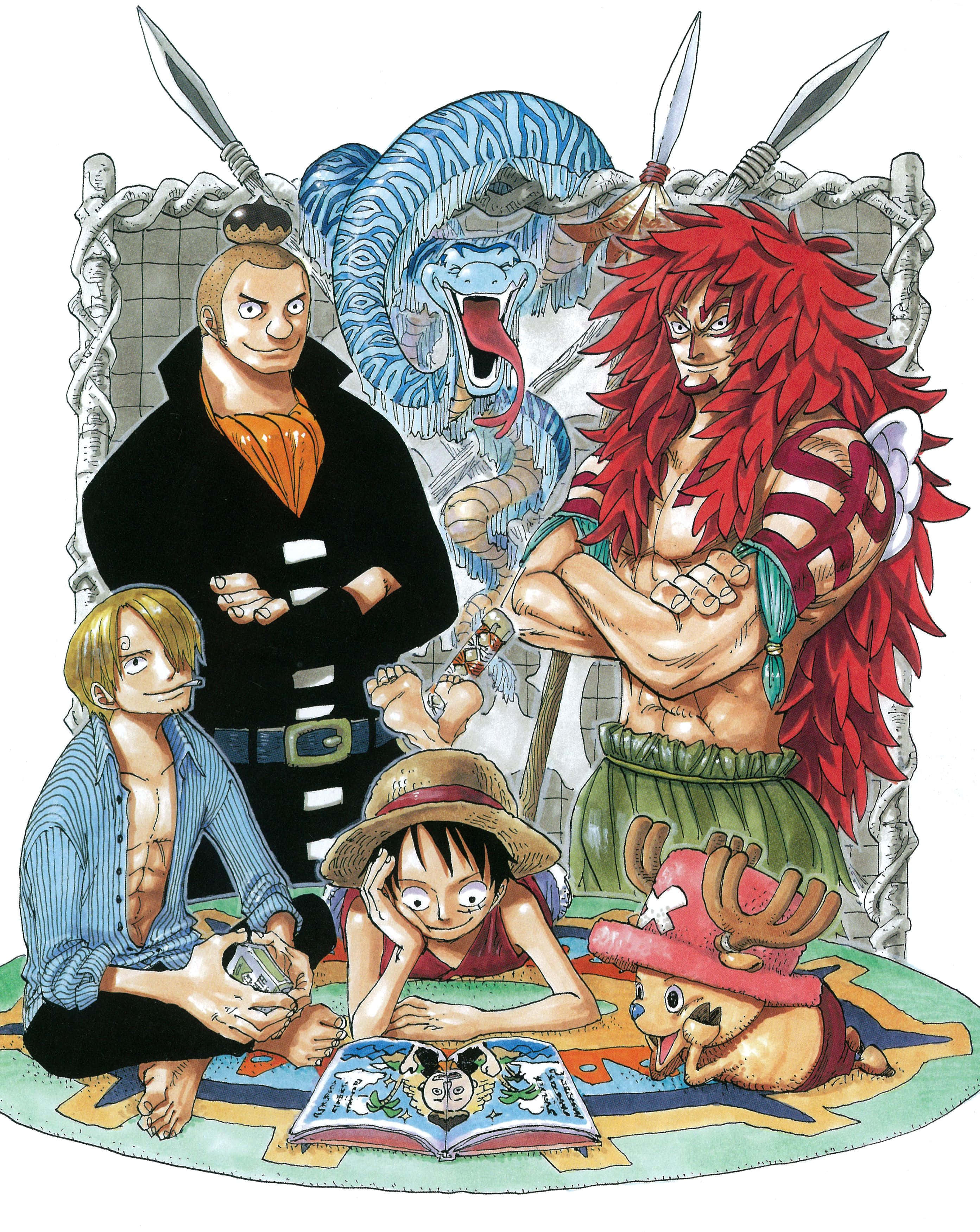 Skypiea 桌布 壁紙 — 一幅充滿活力的動畫插圖，描繪了《One Piece》船員圍繞著一張地圖，背景中有一條藍色的蛇和長矛。