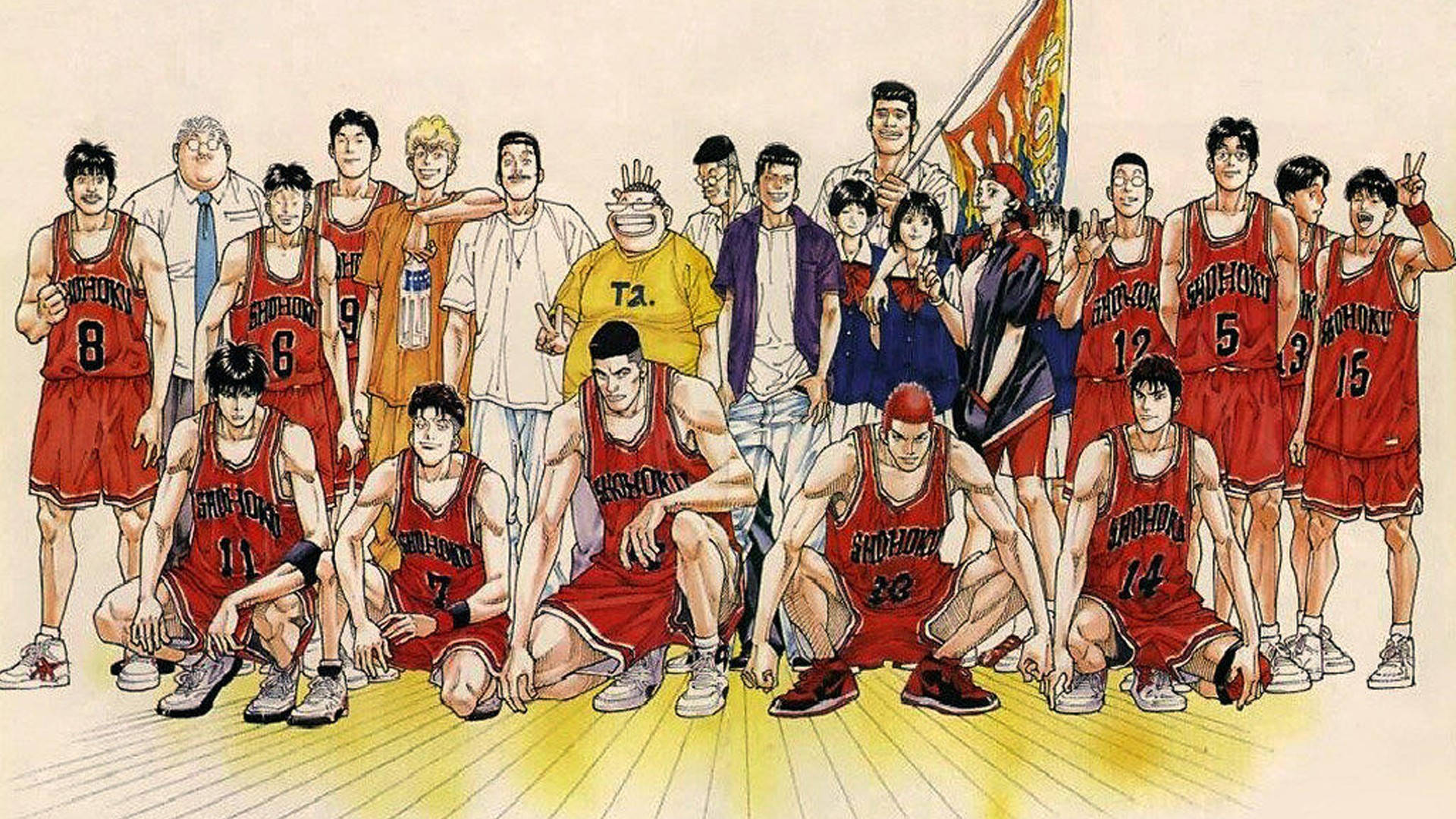 Slam 桌布 壁紙 — 一幅充滿活力的動畫插圖，描繪湘北高中籃球隊在木地板上與球迷和教練一起擺姿勢。