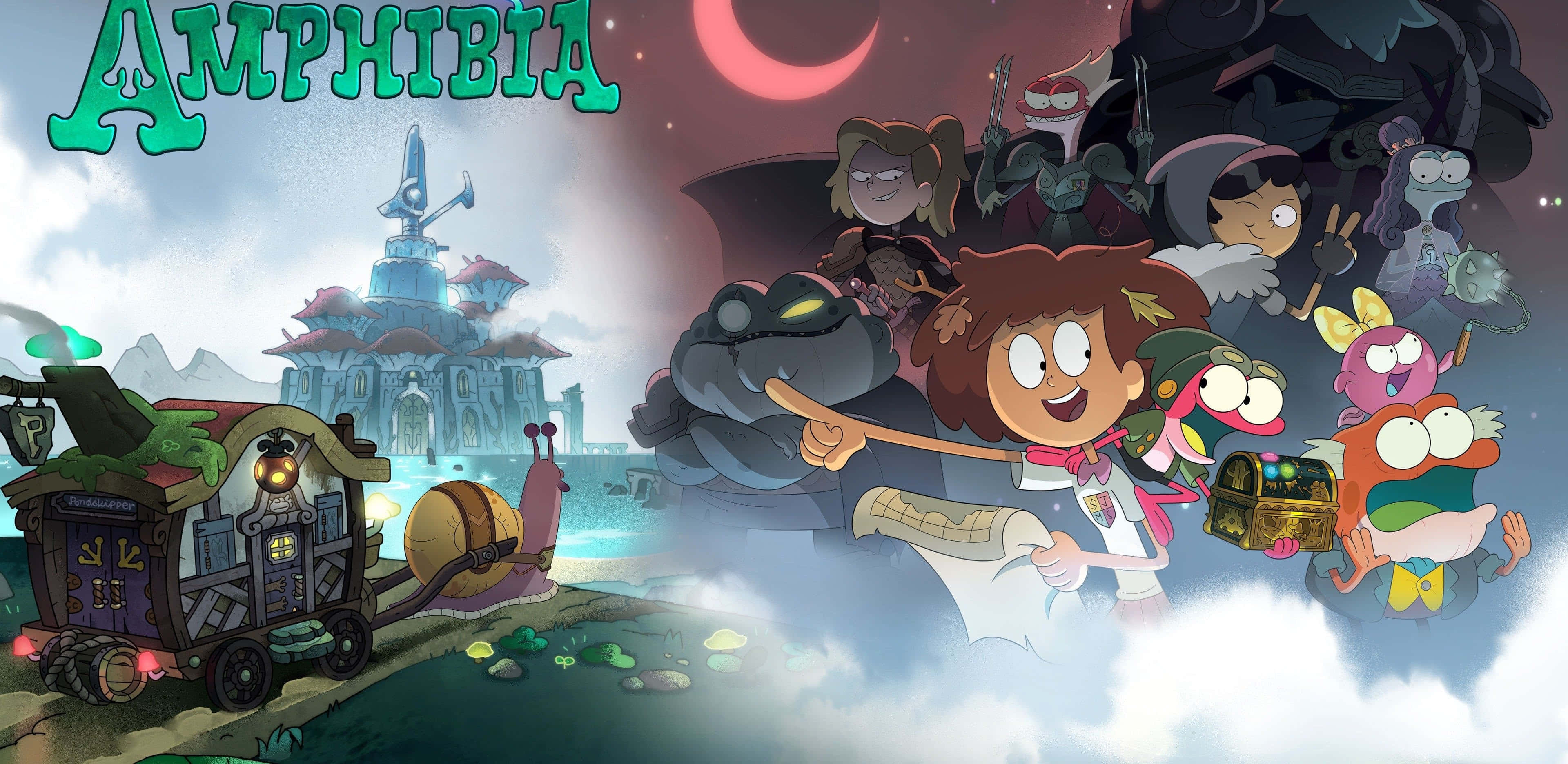 奇幻沼澤 桌布 壁紙 — 一幅充滿活力的動畫海報，描繪了《Amphibia》中一群色彩繽紛的兩棲動物角色，以及一輛蝸牛拉著的車，背景是神秘的月光。