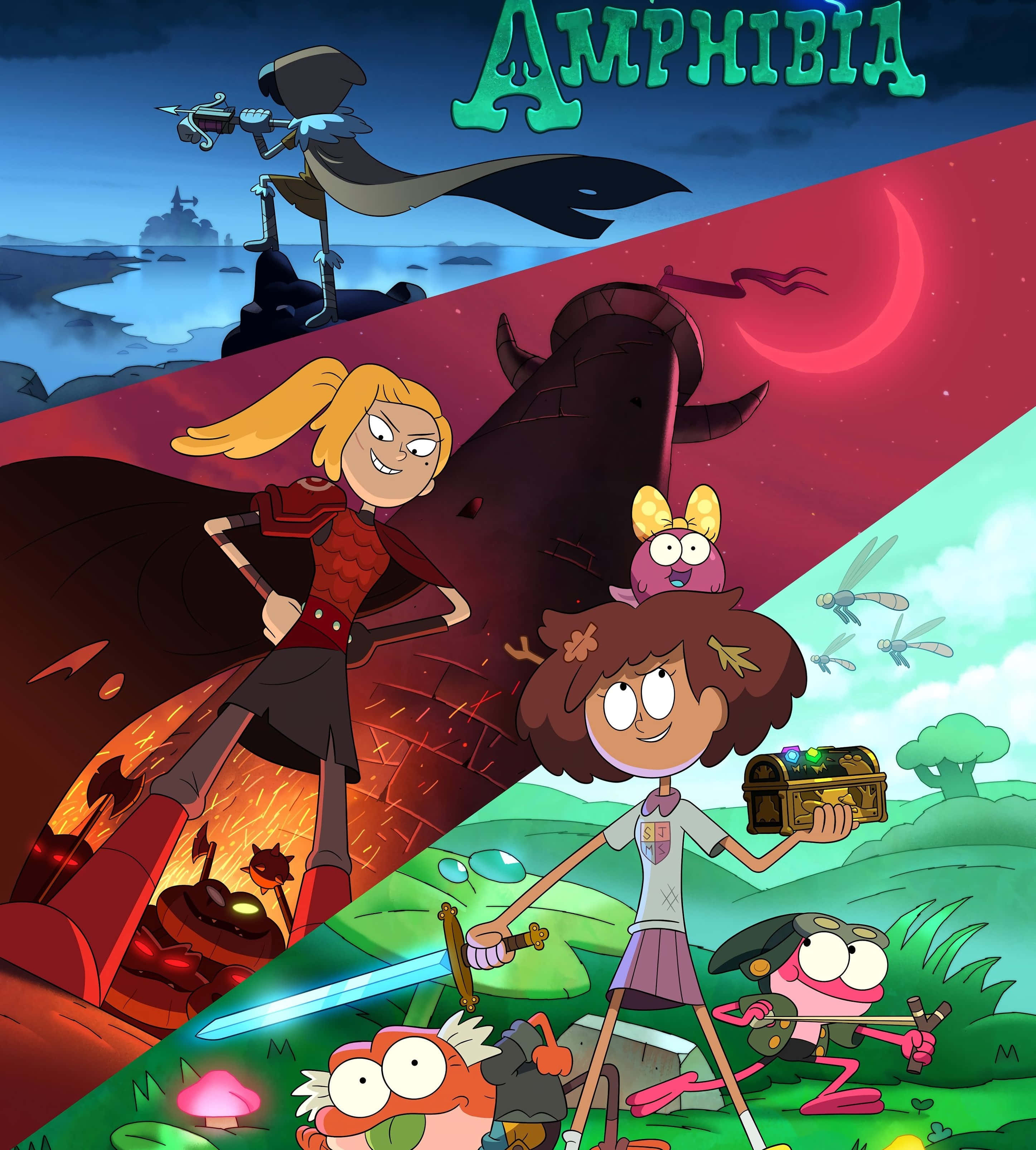 奇幻沼澤 桌布 壁紙 — 一幅充滿活力的動畫海報，為《Amphibia》設計，角色處於新月下火熱危險與翠綠冒險的分割場景中。