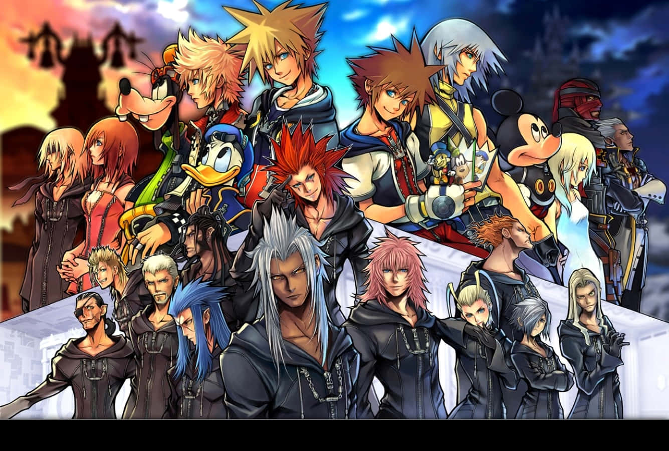 Kingdom Hearts Organization 13 桌布 壁紙 — 一幅充滿活力的動畫群像， featuring《王國之心》角色，背景是戲劇性的夕陽天空和城堡剪影。