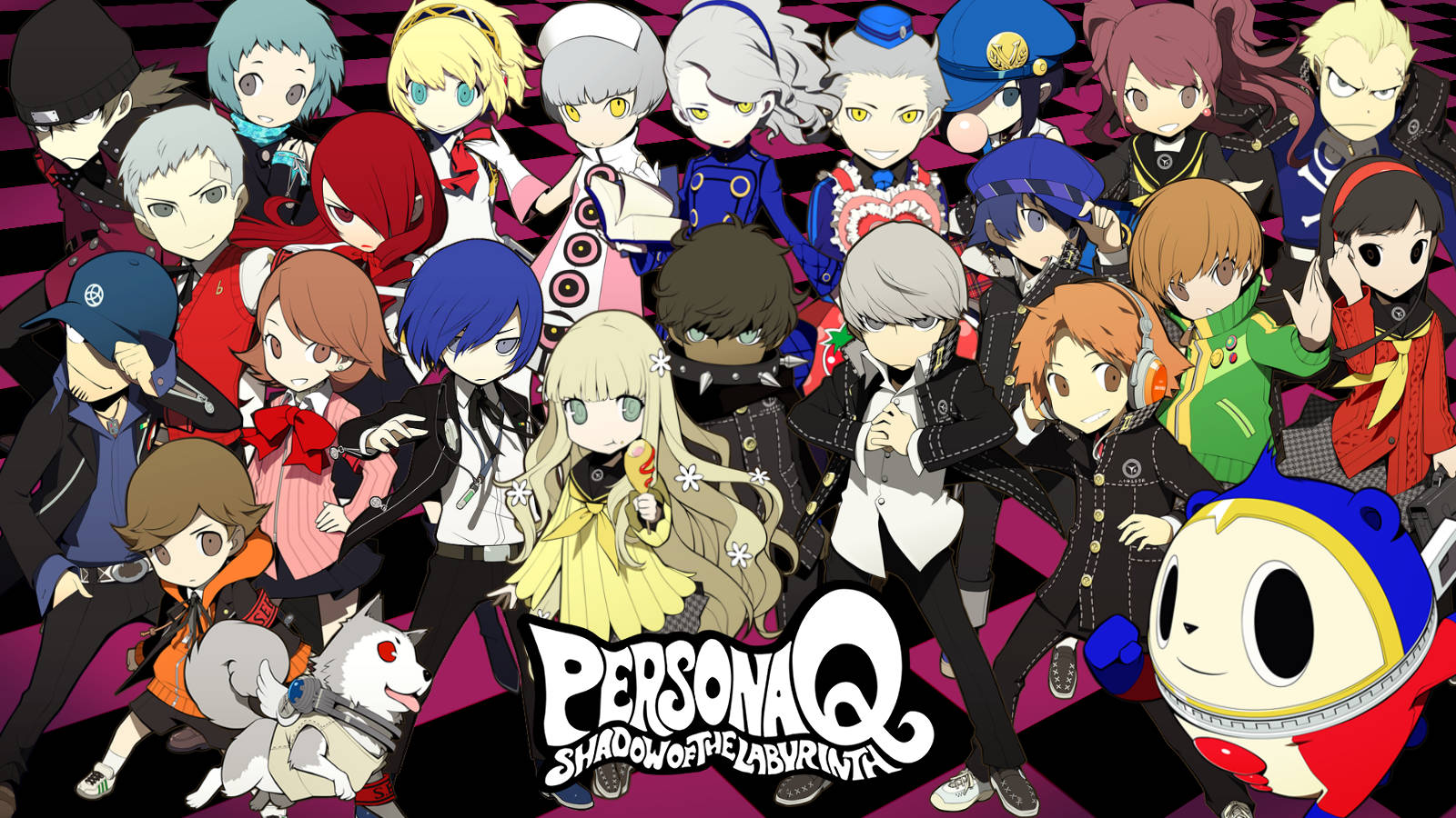 人格面具 桌布 壁紙 — 一幅充滿活力的動畫群像，Persona Q 角色在醒目的粉紅和黑色格子背景前擺姿勢。