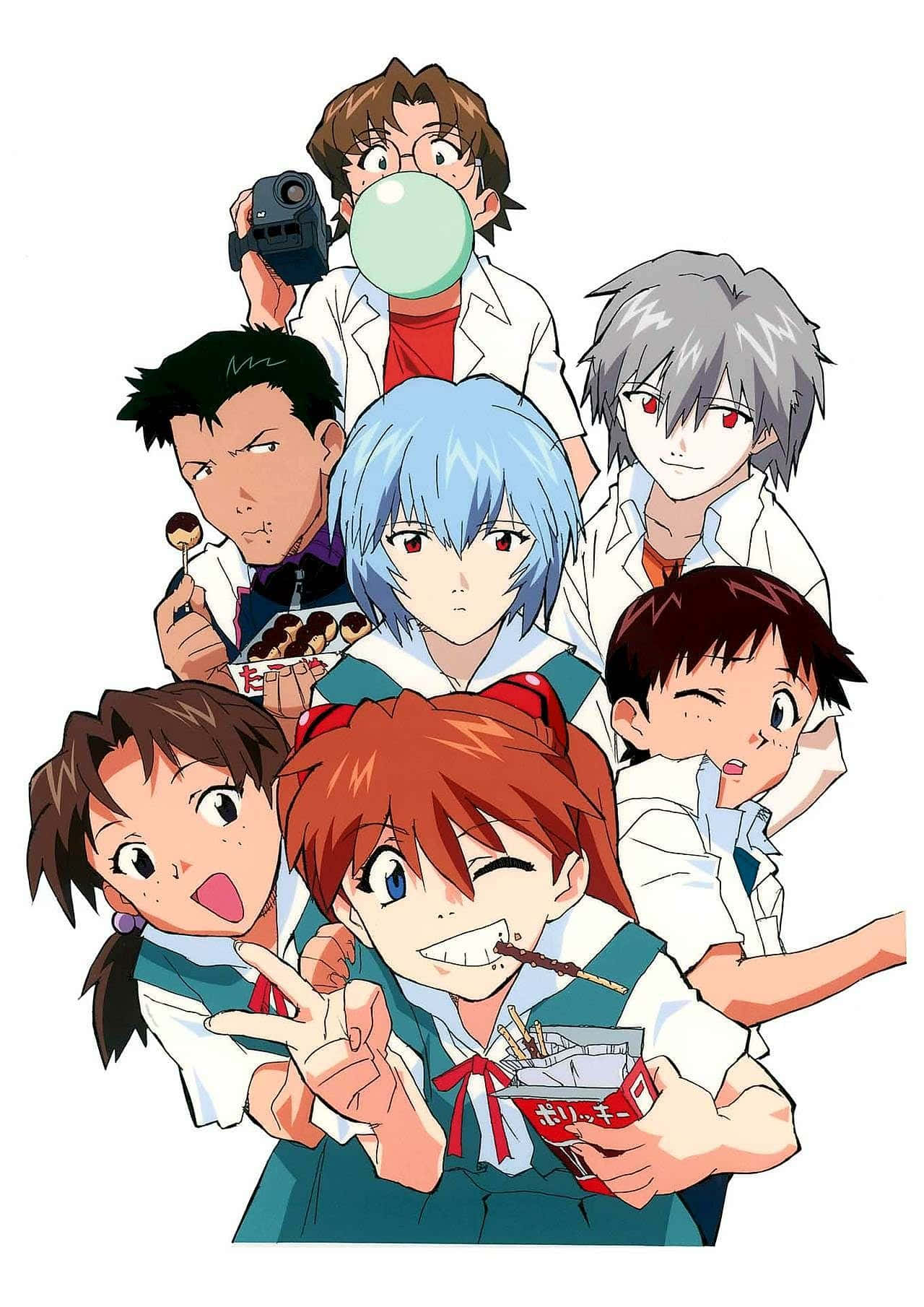 Kensuke Aida 桌布 壁紙 — 一幅充滿活力的動畫群像，七個角色穿著校服，拿著零食，擺出俏皮的表情。
