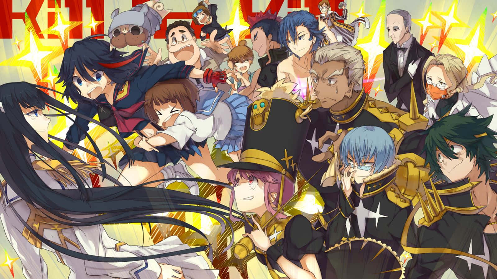 Manga Characters 桌布 壁紙 — 一幅充滿活力的動畫群像，在火紅背景上展現動感姿勢與金色星爆。