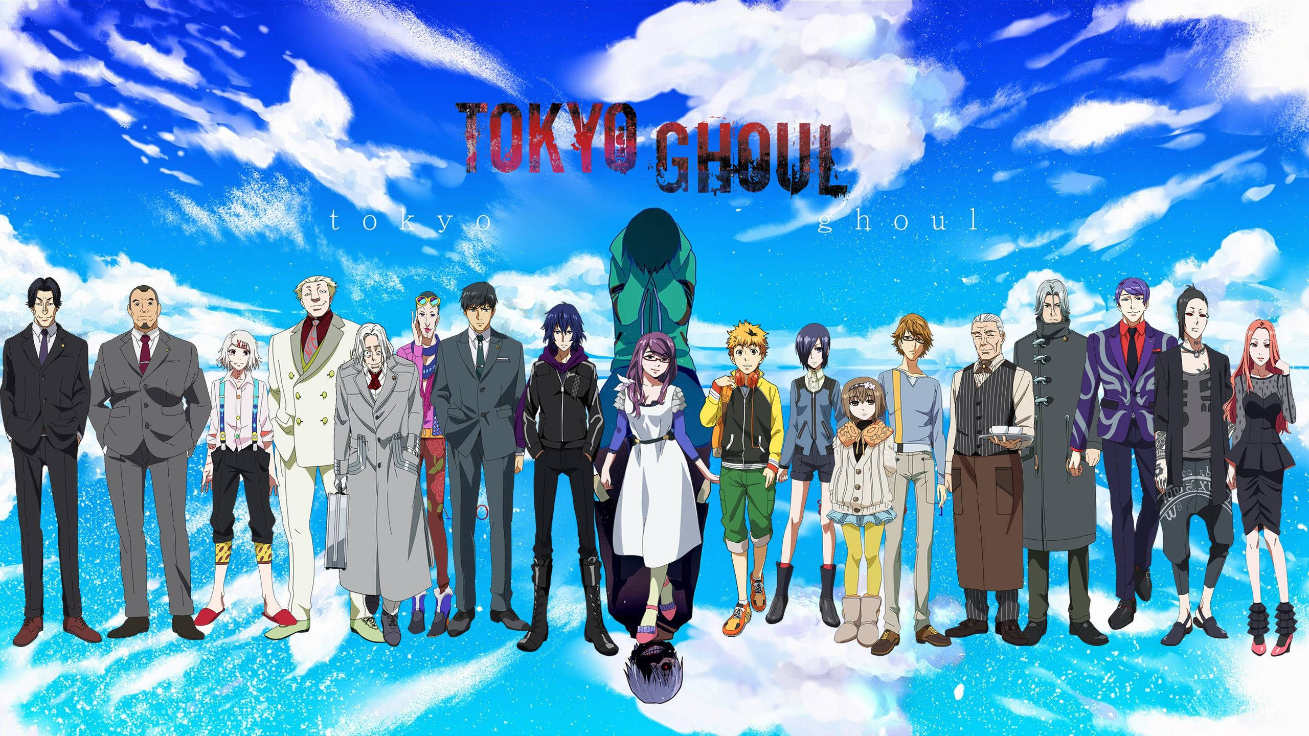 東京喰種角色 桌布 壁紙 — 一幅充滿活力的動畫群像，描繪《東京喰種》角色站在明亮藍天與蓬鬆白雲前。