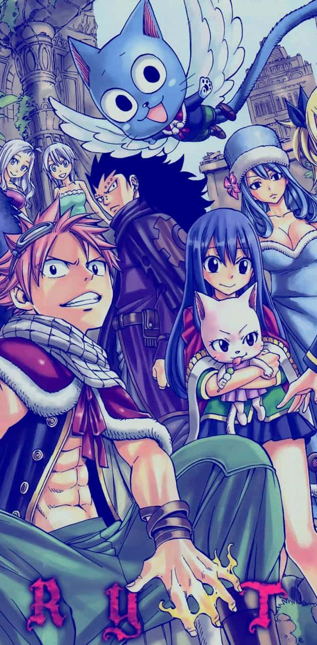 Fairy Tail Characters 桌布 壁紙 — 一幅充滿活力的動畫群體肖像， featuring 一隻有翅膀的藍貓、一個戴圍巾的粉紅髮男孩，以及其他穿著奇幻服裝的角色，背景是城堡。